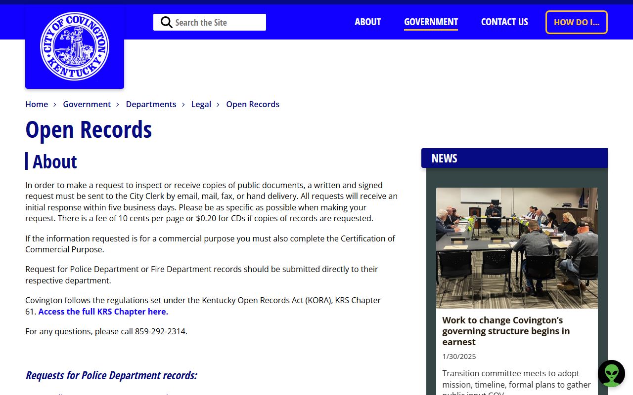 Covington Kentucky city clerk and open records portal