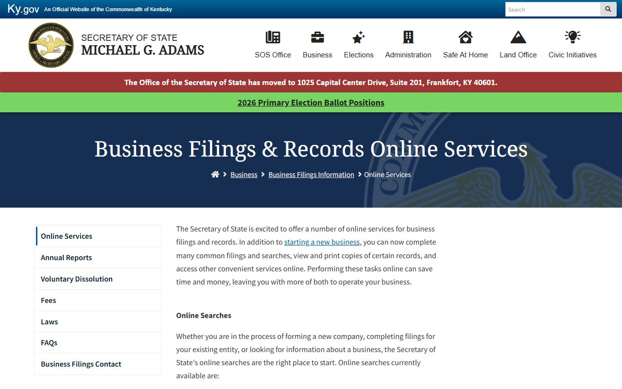 Kentucky Secretary of State business entity search portal