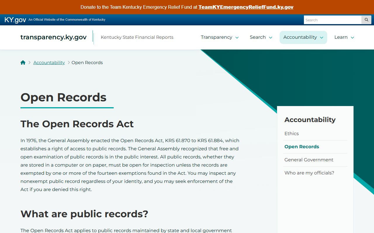 Kentucky state transparency portal for open records requests